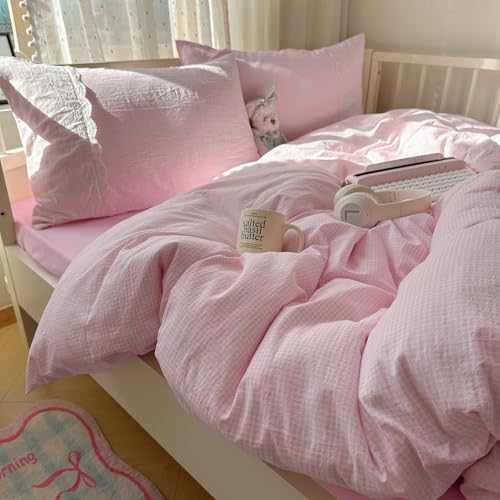 mixinni Pink Gingham Duvet Cover Queen Size - 3 Piece Cottagecore Plaid Bedding Set with Lace Trim, Soft Washed Microfiber Vintage Aesthetic Grid Comforter Cover & Pillow Shams, (Pink White Gingham)