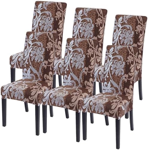 SearchI Dining Room Chair Covers Set of 6, Stretch Printed Parsons Chair Slipcovers Removable Washable Kitchen Chair Protector Cover for Dining Room, Hotel, Ceremony (Brown+Flower)