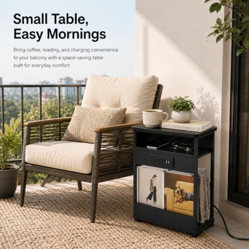 Narrow Side Table with Charging Station Small Spaces Narrow End Table