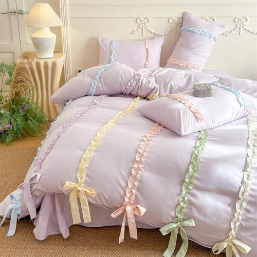 Rainbow Ruffles Bedding Set with Bow,Colorful Striped Duvet Cover, Cute Princess Style 2 PCS Duvet Cover Set-1 Duvet Cover and 1 Pillowcases for Girls Teens Bedroom,No Comforter