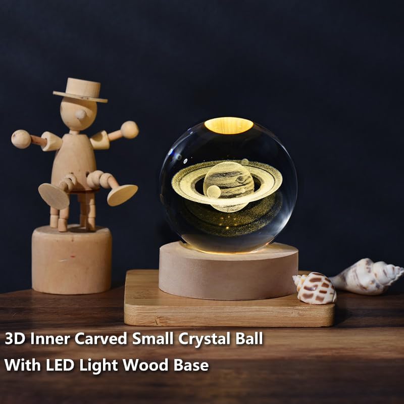 3D Saturn Globe Crystal Ball, Laser Engraved Planet Model Astronomy Sphere Decor, 2.4" Paperweight Crystal Universe Gifts for Kids, Space Model Collectors