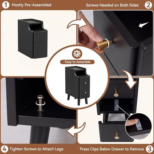 Nightstand with Drawers Set 2, Pre-Assembled, 19.7" H Natural Solid Wood Night Stand with Open Sliding Shelf, Mid Century Modern Small Bedside Table Cabinet for Bedroom, Black 8"