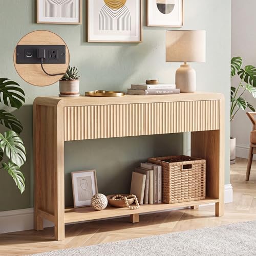 Seang Fluted Sofa Table with Power Outlets,47" Narrow Console Table with 2 Drawers Behind Couch,Curved Entryway Tables with Open Storage for Entrance,Hallway,Living Room,Natural