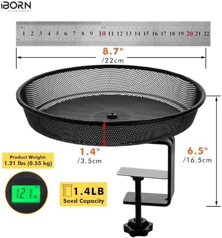 iBorn Deck Bird Feeders for Outdoors,Platform Bird Seed Tray with 1.4 lbs Capacity,Balcony Porch Railing Bird Feeder, Drainage Mesh Holes,Tilt-Proof, Windproof, Anti-Loosen, Easy to Refill&Clean,Black