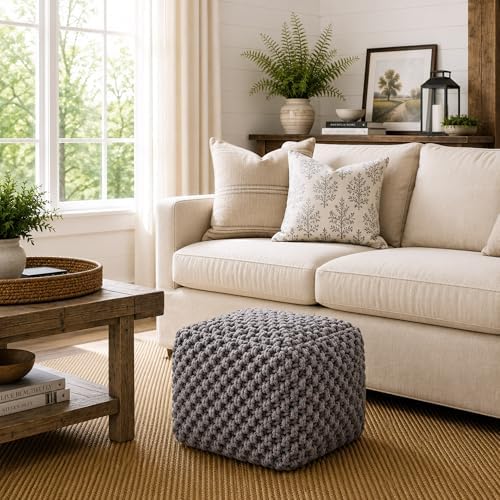 Casafield Square Pouf Ottoman, Dark Gray 18.5" W x 18.5" D x 14.5" H Cotton Knit Foot Stool - Boho Floor Pouffe for Living Room, Bedroom, Home Office