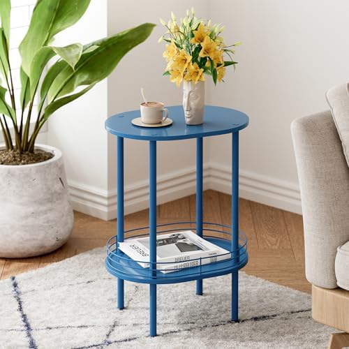 Small Oval Side Table with Storage, 2-Tier Blue End Table for Small Space