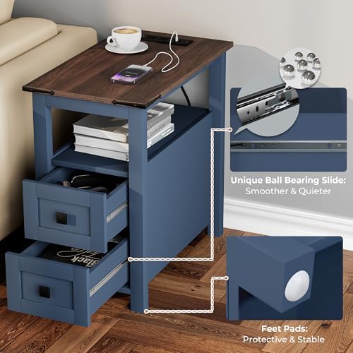 VVFLU Farmhouse End Table with Charging Station and 2 Storage Drawers, Blue Wood Nightstand Narrow, Skinny Side Table Rustic, Slim Bedside Table, Open Shelf, Small for Bedroom, Living Room, Sofa