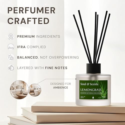 Soul & Scents Reed Diffuser Set – Lemongrass | 7.43 oz Refillable Scented Oil with 6 Fiber Sticks | Long-Lasting Home Fragrance & Air Freshener for Bedroom, Bathroom, Office | Gift & Décor Piece