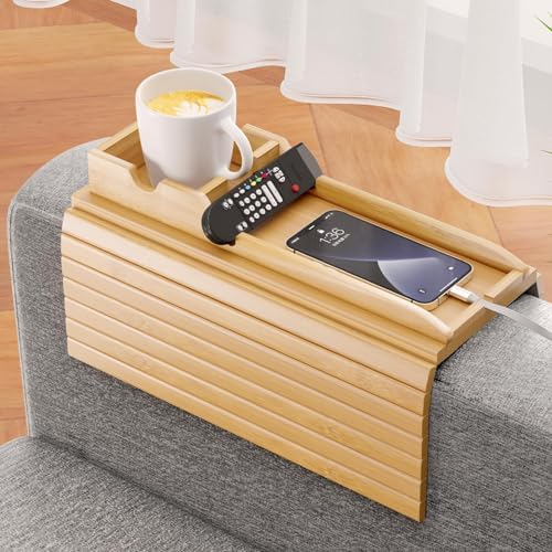 Bestjing Bamboo Couch Armrest Table with Detachable Cup Holder Tray