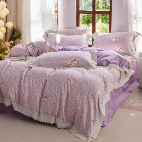 HighBuy Purple Floral Muslin Duvet Cover Twin XL,Ruffle Lace Vintage Floral Bedding Set for Girl College,Gauze Yarn-Dyed Cotton Comforter Cover with Zipper,Breathable,3 Piece,All Season
