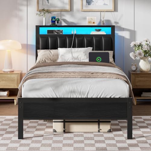 Furnulem Black Twin Bed Frames with PU Upholstered Headboard & LED Lights