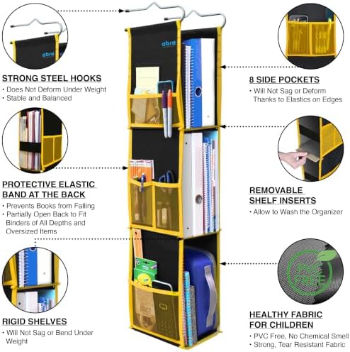 ABRA® 3 Shelf Hanging Locker Organizer for School, Gym, Work, Storage | Deep Shelves 6”x 9”| Eco-Friendly Fabric Healthy for Children | Adjustable School Locker Shelf 3 to 2 (Jet Black/Yellow)