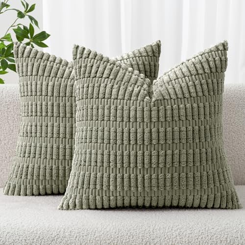 MIULEE Corduroy Decorative Throw Pillow Covers 20x20 Light Olive Pack of 2