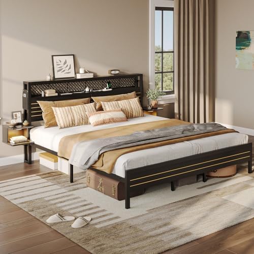Bestier King Bed Frame with Horizontal Golden Stripe Storage Headboard&LED Nightstands, Metal Platform Bed with Charging Station, Heavy Duty Metal Slats, No Box Spring Needed, Noise Free(Matte Black)