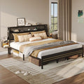 Bestier King Bed Frame with Horizontal Golden Stripe Storage Headboard&LED Nightstands, Metal Platform Bed with Charging Station, Heavy Duty Metal Slats, No Box Spring Needed, Noise Free(Matte Black)