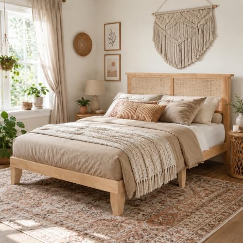 Jojoka Eclectic Rattan Bed Frame with Natural Headboard & LED Light - King Size Platform, Plain Wood Slats, Spacious Storage, No Box Spring Needed, Sturdy Construction, Bedroom Furniture (King)