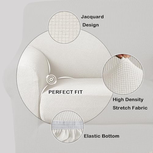 Turquoize 2 Piece Chair Covers Armchair Covers for Living Room Stretch Armchair Slipcovers Soft Chair Cover with Arms Feature Thick Jacquard Fabric, Machine Washable (Chair, Porcelain White)