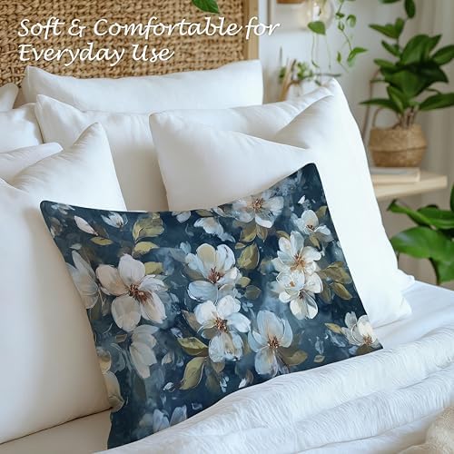 Vintage White Magnolia Floral Pillow Cover 12x20, Navy Blue Moody Cottagecore Wildflower Botanical Decorative Lumbar Pillow Cover for Couch Bed Living Room Bedroom