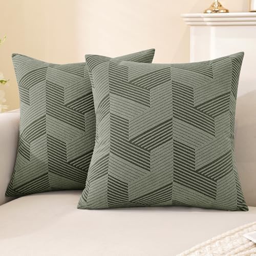 JIVINER Decorative Geometrical Throw Pillow Covers 18 x 18 Inch, Set of 2 Soft Modern Pattern Pillow Covers for Sofa, Couch, Living Room, Army Green
