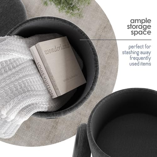 Round Ottoman with Storage, Textured Velvet Storage Ottoman, Foot Stool Ottomans, Makeup Vanity Stool, Small Ottomans Foot Rest, Modern Vanity Stools for Living Room and Bedroom, Grey