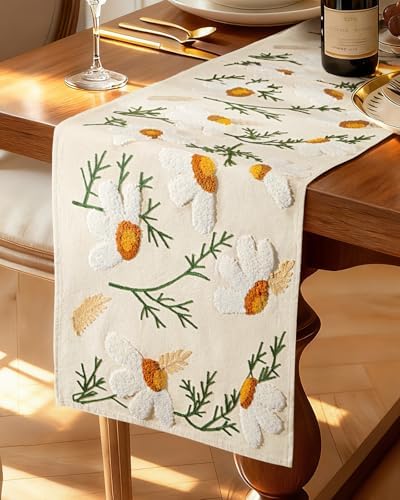 Canvas Embroidered Narrow 13"x 72" Table Runner, Beige Daisy