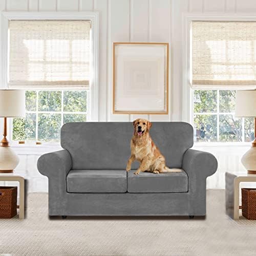 WEERRW Velvet Stretch 3 Pieces Couch Cover for Sofa Washable, Light Grey
