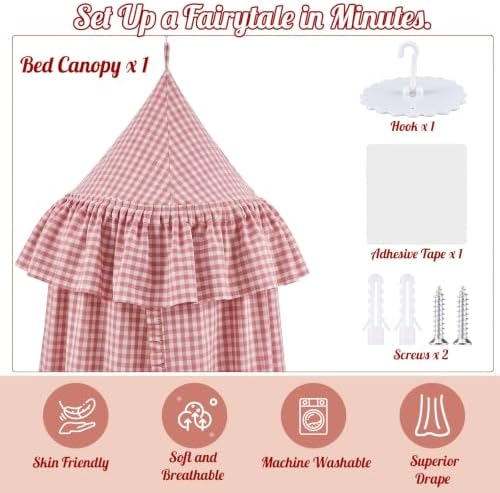 SmoothNovelty Gingham Plaid Bed Canopy, Pink White, Round