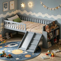 SOFTSEA Twin Size Low Loft Bed with Slide and Guardrails, Wood Loft Bed Frame with Storage Shelves for Kids, Gray