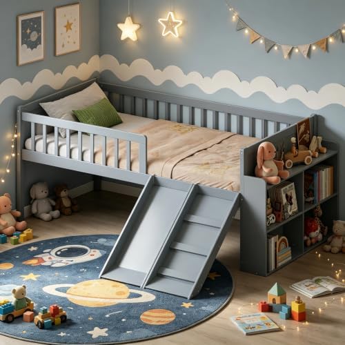 SOFTSEA Twin Size Low Loft Bed with Slide and Guardrails, Wood Loft Bed Frame with Storage Shelves for Kids, Gray