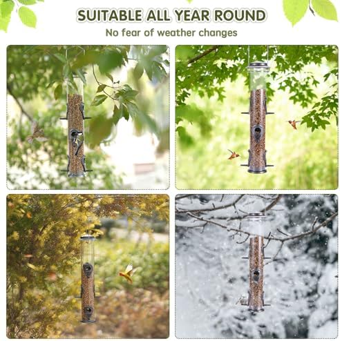 Metal Bird Feeder Tube Hanging Wild Bird Seed Feeder Aluminum Six Port Bird Feeders,1.4 mm Extra Thick Solid Tube Transparent with Steel Hanger Great for Attracting Birds (Grey 2PK)