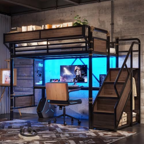 Bellemave Twin XL Metal Loft Bed with Stairs and Desk for Kids,Adult,Black