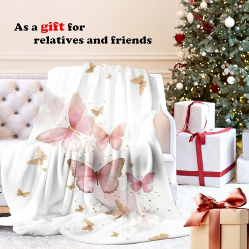 Pink Butterfly Throw Blanket for Couch, Butterfly Room Decor for Girls, Watercolor Butterflies Aesthetic Throw Blanket for Girls Bedroom Living Room Home Decoration, 50x60 Inches