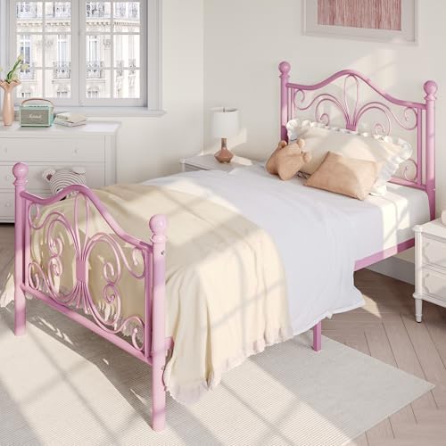 SHA CERLIN Twin Size Metal Bed Frame with Butterfly Headboard, Pink
