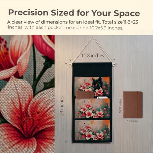 IAXIC Canvas Wall Hanging Organizer with Pockets Fish Extender Hanging Pouch Floral Black Cat Door Closet Organizers Fabric Storage Pockets Wall Decoration