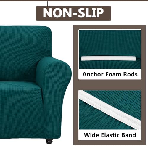3 Piece Stretch Matching Chair and Ottoman Slipcover Set, Jacquard Arm Chair/Ottoman/Fitted Seat Covers, Non-Slip Accent Armchair and Foot Stool Slip Cover (Teal,3 Pieces Set)