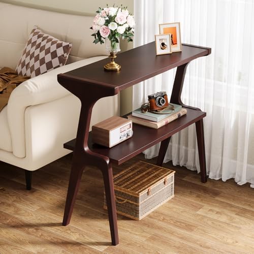 Tribesigns Solid Wood End Table, 2-Tier Farmhouse Side Table with Storage Shelves, Slim Side Table for Couch with Unique Legs, Long Bedside Table for Bedroom, Living Room, Burgundy