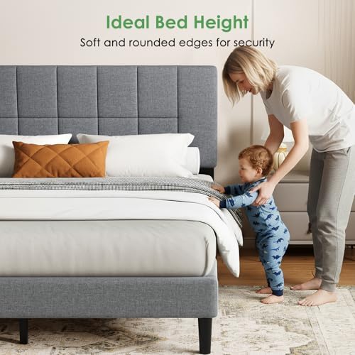 Marsail Full Size Bed Frame with Headboard - Upholstered, Adjustable,6"-12" Mattress Fit, 1300 lbs Capacity, Sturdy 12-Leg Wood Construction, Easy Assembly, Dark Gray