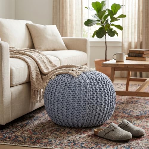 BIRDROCK HOME Round Pouf Ottoman Foot Rest, Soft Blue, 18.5”x18.5”x15”
