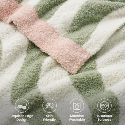 Snuggle Sac Wave Stripe Throw Blanket for Couch, Fuzzy Microfiber Blankets, Throws for Girls Daughter Gifts for Kid, Wave Sage Green White, 60x80 inches