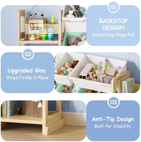EXPERLAM Extra Large Toy Storage - Toy Storage Organizer, Wooden Toy Organizer with 6 Side Shelves and 16 Bins, 3-in-1 Bookshelf for Kids Rooms, Playroom, Nursery, Multi