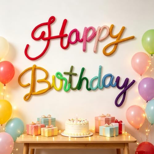 Rainbow Happy Birthday Sign Knitted Wire Words Birthday Wall Hanging Decor