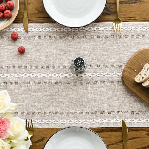 Artoid Mode Brown Rustic Cotton Linen Table Runner, Seasonal Embroidered Hollow Kitchen Dining Table Decoration for Home Party Decor 13x90 Inch