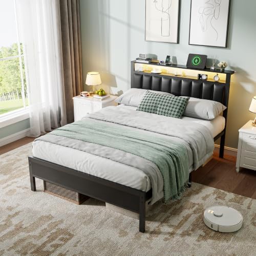Furnulem Black Full Size Bed Frame with Charging Station & LED Lights