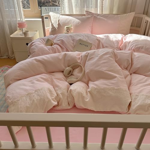 Lace Duvet Cover Set Queen(90"x90"),Pink Gingham