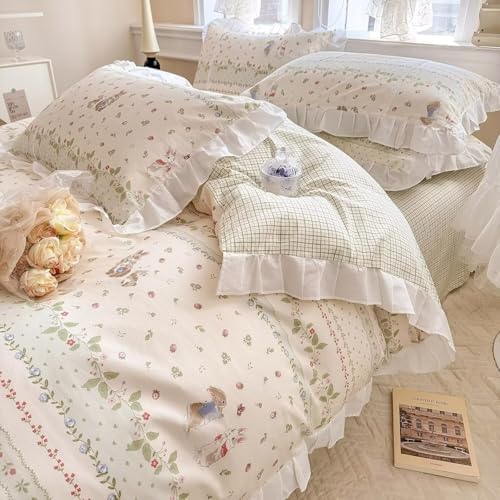 Cute Rabbits White Ruffle Duvet Cover Full Size Reversible Green Plaid Comforter Cover with 2 Pillowcases 100% Cotton Garden Girls Bedding Set with Zipper Closure, Full 80 * 90”