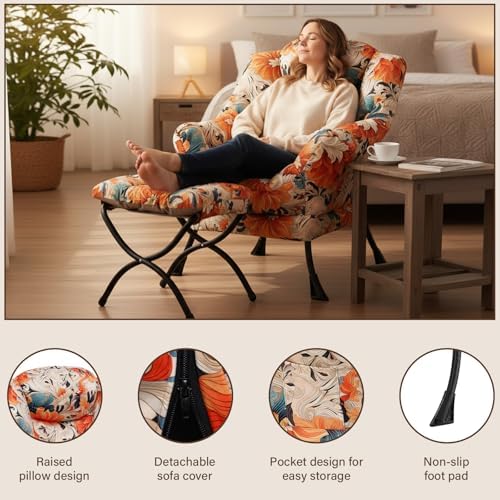 Welnow Lazy Chair with Ottoman, Reading Chair with Footrest,Orange Blue