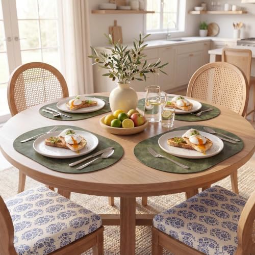 MOSAYT Vinyl Faux Leather Oval Placemats, Set of 4, Olive Green