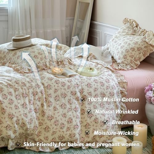 Girls Flower Duvet Cover Set Muslin Cotton Twin(68"x86"),Pink Floral