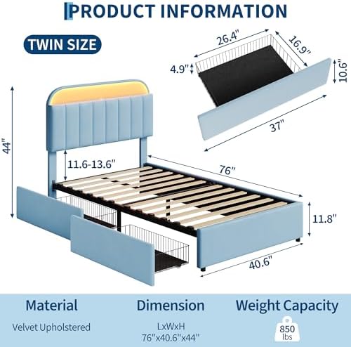 GarveeHome Twin Bed Frame, Platform Bed with Storage Headboard & Drawers