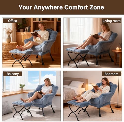 Welnow Lazy Chair with Ottoman,Reading Chair with Footrest,Light Blue